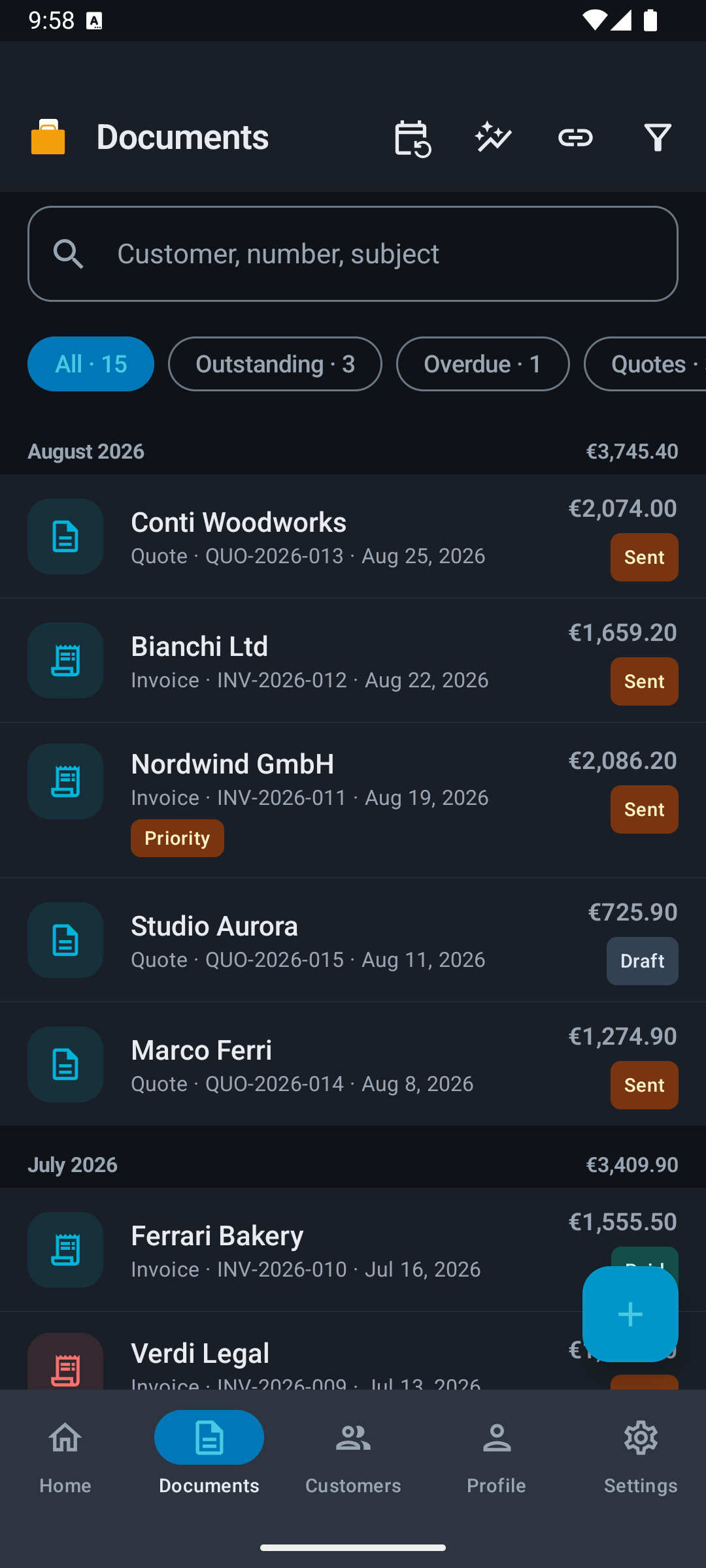 Workio app for iPhone and Android — documents grouped by month with search and quick filters