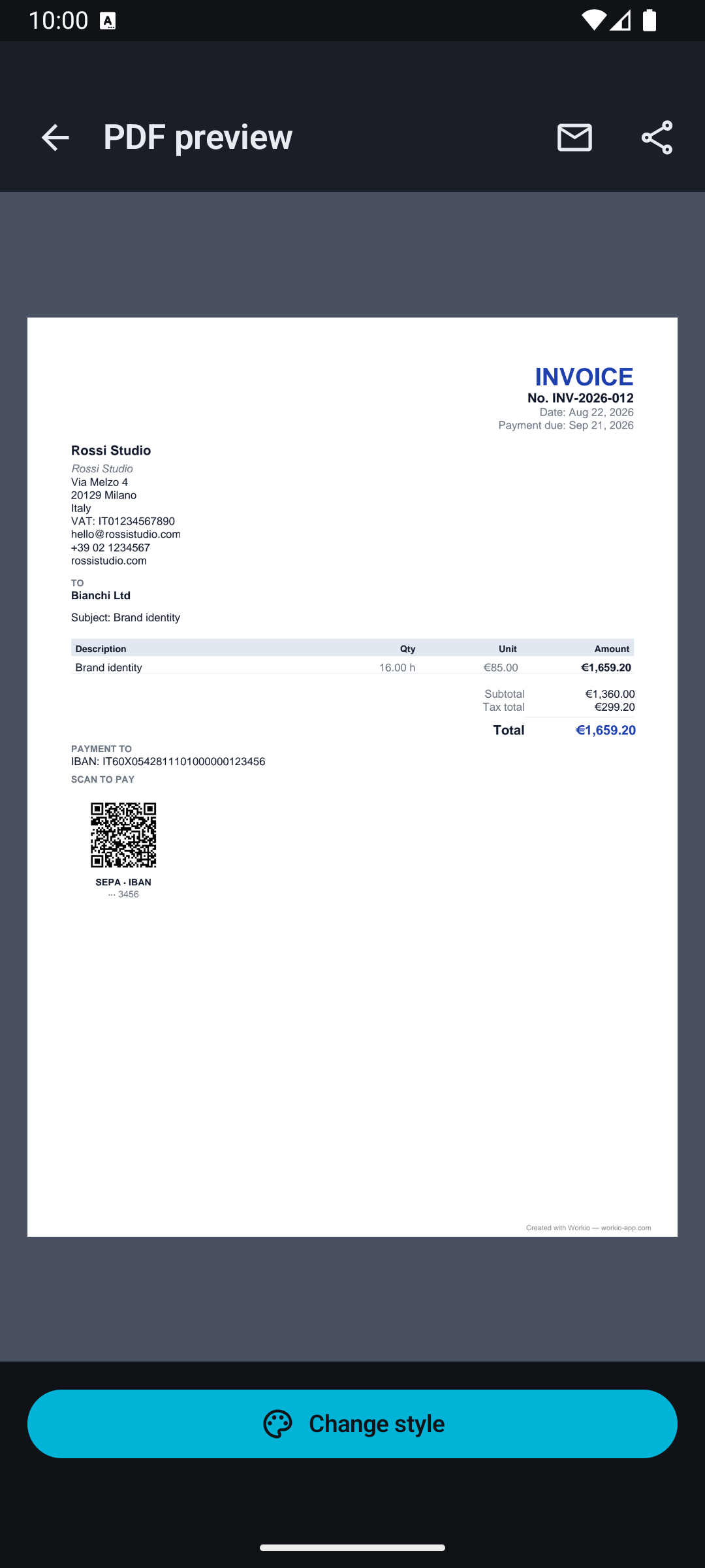 Workio app for iPhone and Android — PDF preview with IBAN and payment QR code